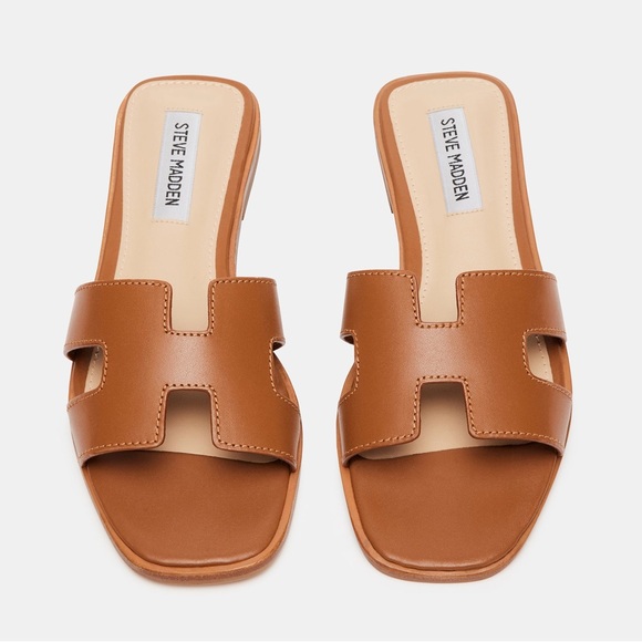 Steve Madden HADYN COGNAC LEATHER Brown Slide Sandals - Picture 1 of 9
